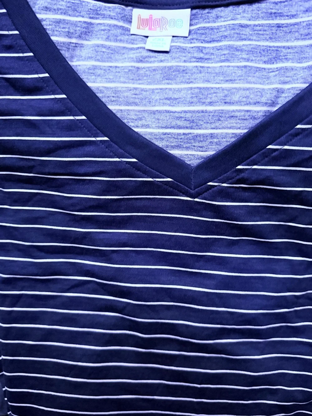 LuLaRoe Navy and White Striped V-Neck Tee